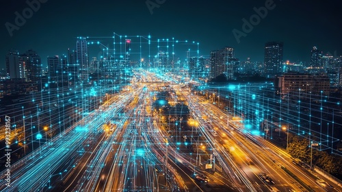 Busy city street during night hours with heavy traffic illuminated by colorful lights