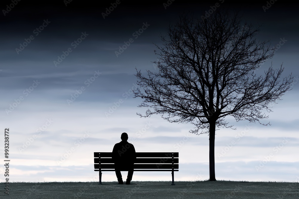 A solitary figure sits on a bench under a bare tree against a moody sky, evoking contemplation and introspection. A solitary figure sits on a bench under a bare tree against a moody sky, evoking contemplation and introspection.