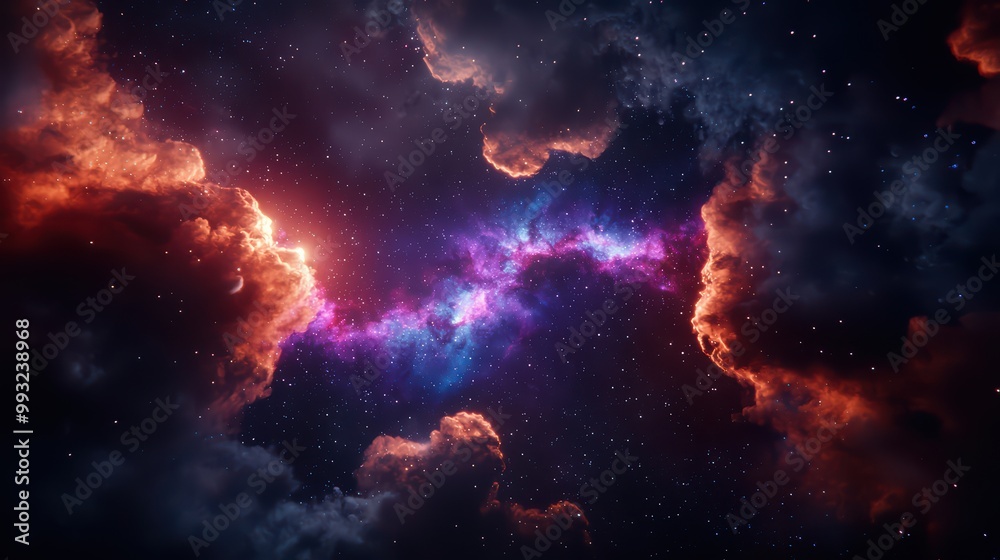 Obraz premium A stunning view of a colorful nebula in outer space filled with stars and cosmic clouds.