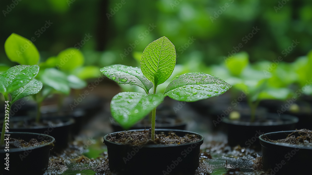 A row of potted plants with a single green plant in the middle A row of potted plants with a single green plant in the middle