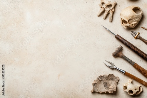 Archaeological tools and bone fragments on a textured surface, showcasing an exploration of ancient remains. photo