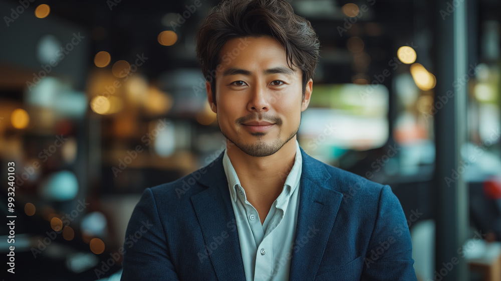 A man in a blue suit and white shirt is smiling for the camera A man in a blue suit and white shirt is smiling for the camera