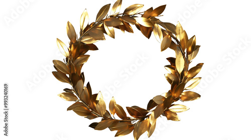Creative detailed golden laurel wreath transparent PNG in a circular shape with a metallic finish. Perfect for awards, certificates, or celebratory designs with easy use on backgrounds. Generative AI.