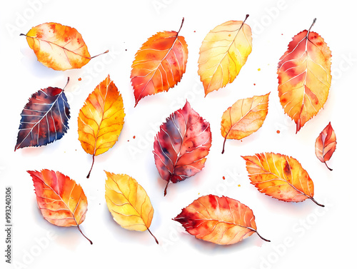Watercolor illustration of Autumn birch leaves, isolated on white background. 
