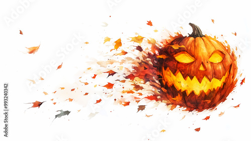 Watercolor illustration Jack o'lantern fused with Autumn leaves, isolated on white background.