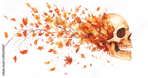 Watercolor illustration of a skull fused with Autumn leaves, isolated on white background.