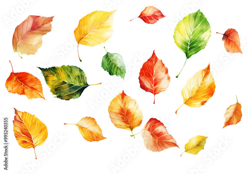 Watercolor illustration of Autumn birch leaves, isolated.
