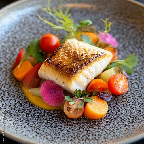Obraz na plátně A beautifully plated dish featuring crispy fish with vibrant vegetables, creating a colorful and appetizing presentation
