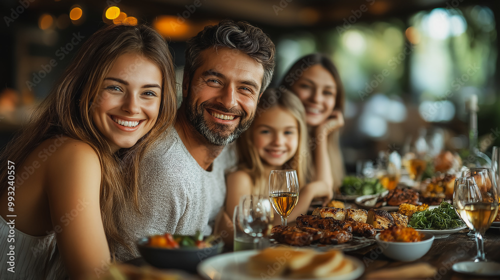 A family of four is sitting at a table with a variety of food and drinks