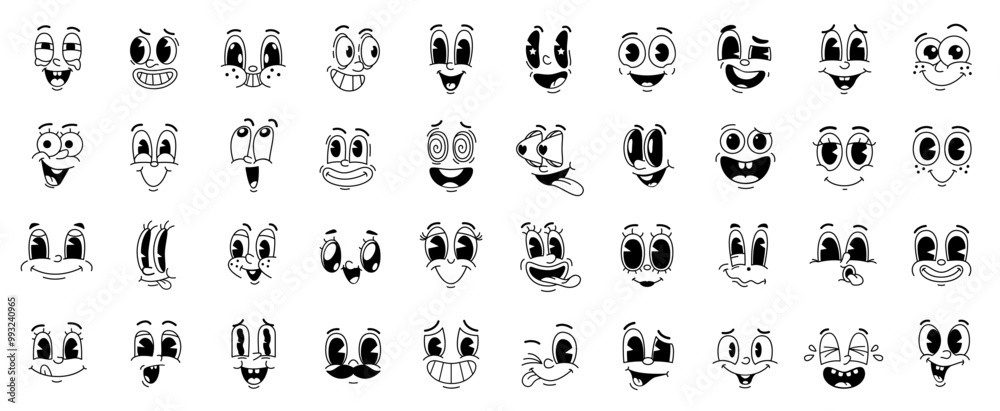 Cartoon funny comic groovy face emotion and retro cute emoji characters. Happy smiling faces of vintage animation vector personages with quirky eyes and mouths, hearts, teasing tongues and mustache Cartoon funny comic groovy face emotion and retro cute emoji characters. Happy smiling faces of vintage animation vector personages with quirky eyes and mouths, hearts, teasing tongues and mustache