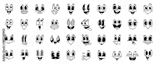 Cartoon funny comic groovy face emotion and retro cute emoji characters. Happy smiling faces of vintage animation vector personages with quirky eyes and mouths, hearts, teasing tongues and mustache