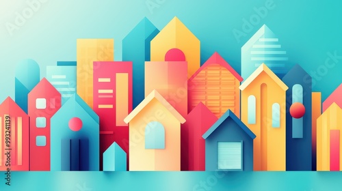 Colorful abstract cityscape with vibrant houses and modern buildings on a gradient background.