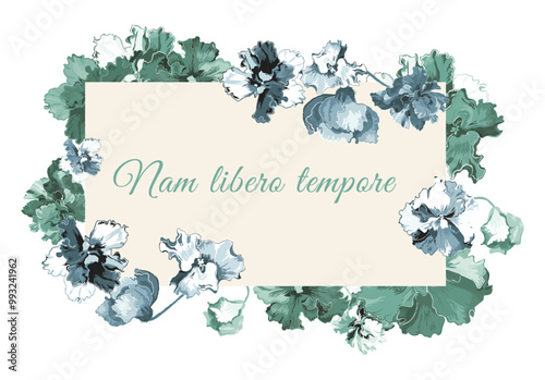 Tinted flowers are put around a rectangular shape on a white background. Frame made from the parts of African violets in bloom with the paper sheet in the center. Floral frame for any design ideas.