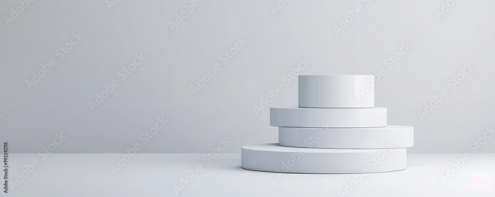 Stacked white podiums in a minimalist studio, even soft lighting, product display focus, ultra-realistic, high detail Stacked white podiums in a minimalist studio, even soft lighting, product display focus, ultra-realistic, high detail