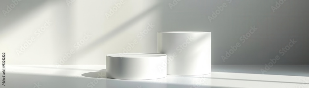 White cylindrical podiums in a minimalist studio, soft shadows, clean surfaces, perfect for product display, high-resolution