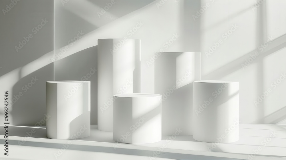 custom made wallpaper toronto digitalWhite cylindrical podiums arranged symmetrically, soft lighting and clean shadows, minimalist design, high-detail product mockup