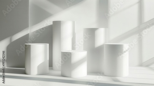 Wallpaper Mural White cylindrical podiums arranged symmetrically, soft lighting and clean shadows, minimalist design, high-detail product mockup Torontodigital.ca