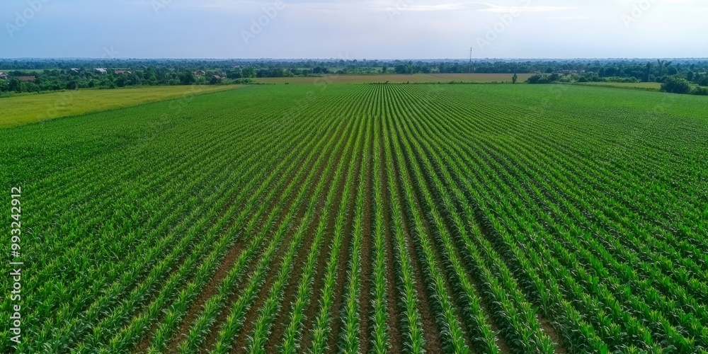 Expansive green cornfield stretching under a clear blue sky, showcasing vibrant rows of crops ready for harvest.