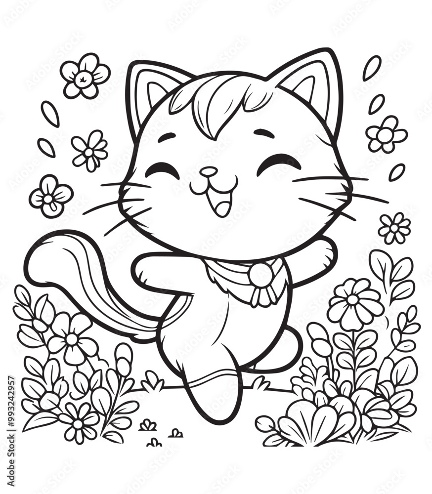 Fototapeta premium Children coloring page cute cat dance with flower 