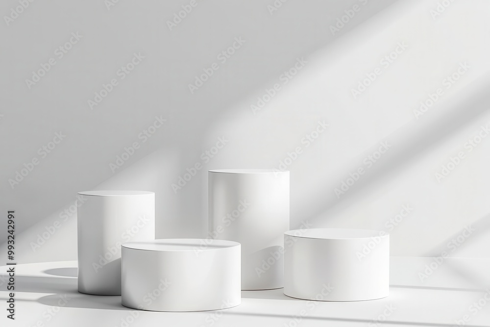 White cylindrical podiums in a minimalist studio, soft shadows, clean surfaces, perfect for product display, high-resolution White cylindrical podiums in a minimalist studio, soft shadows, clean surfaces, perfect for product display, high-resolution
