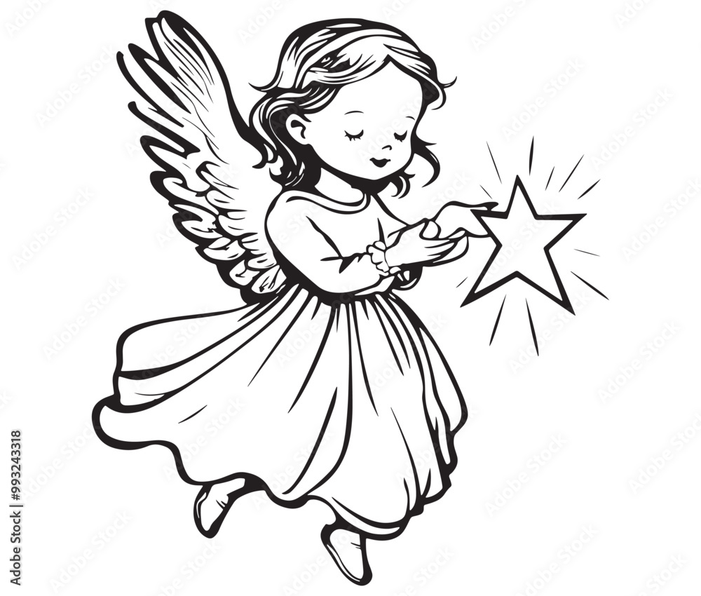 Fototapeta premium Angel with wings, Cute fairy, Angle wings line art vector