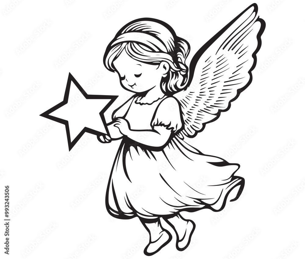 Angel with wings, Cute fairy, Angle wings line art vector