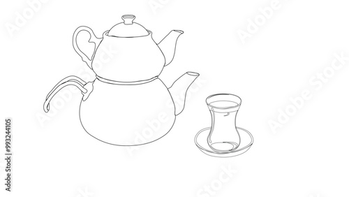 teapot and Black tea in glass tea cup vetor illustration. Turkish authentic traditional black tea in a classic turkish glass and kettle. tea set. line art style	