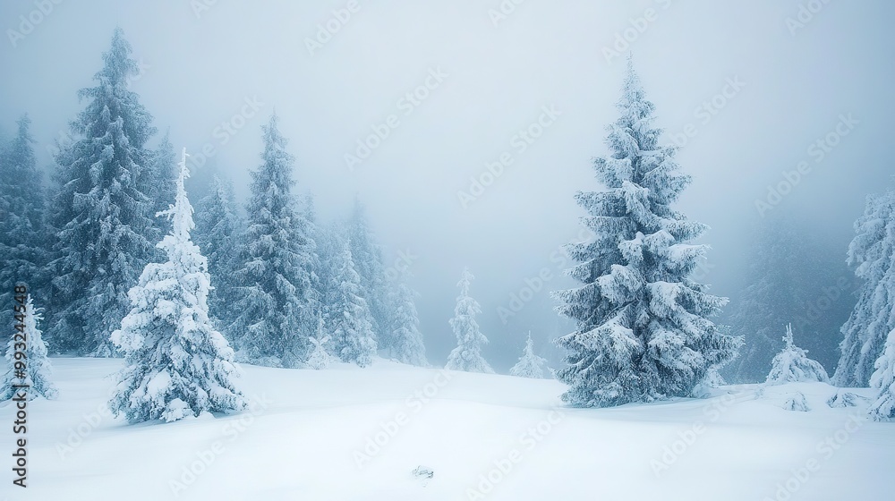 A serene winter landscape with snow-covered trees and a bright blue sky on a sunny day in a tranquil forest