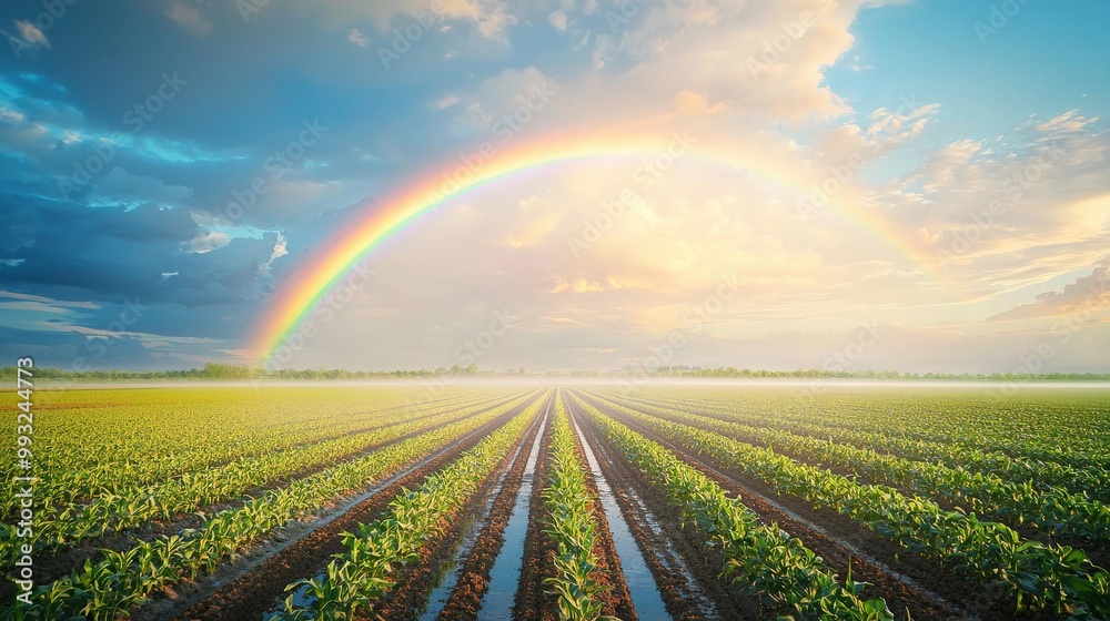 Obraz premium A modern irrigation system watering a large field of crops, with rainbows forming in the mist