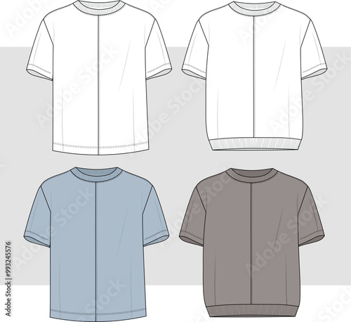 Men's high neck t-shirt, stitch detail short sleeve t-shirt set. Technical drawing illustration flat sketch.