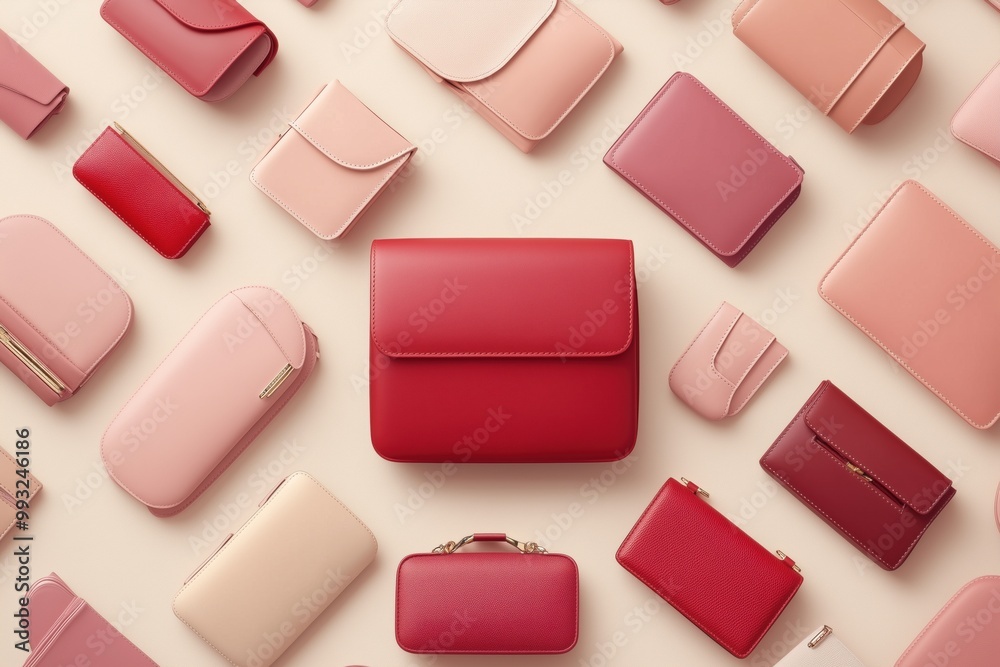 A collection of red purses and wallets are displayed in a pattern A collection of red purses and wallets are displayed in a pattern