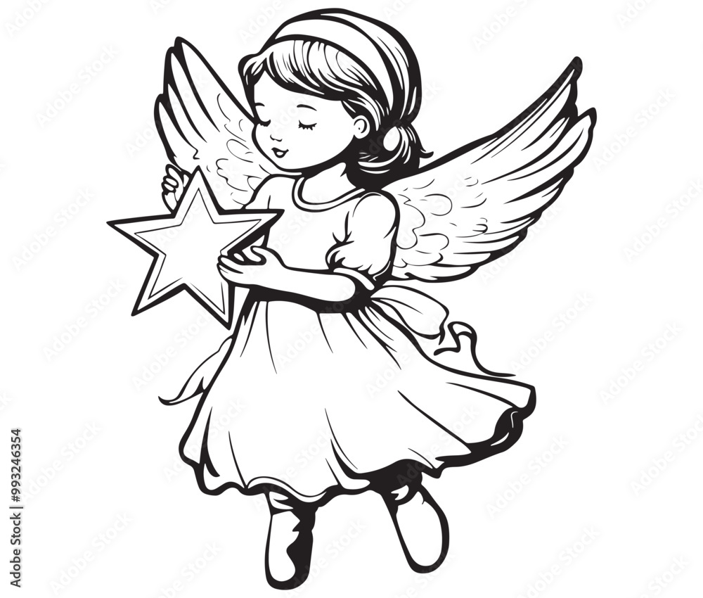 Fototapeta premium Angel with wings, Cute fairy, Angle wings line art vector