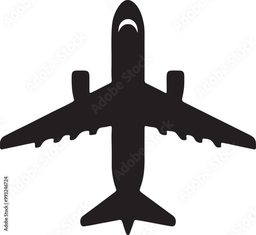 Airplane icon, black isolated on white background, vector illustration.