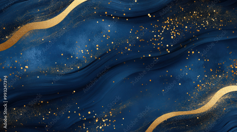 Elegant and timeless navy blue background with soft gold accents, featuring flowing waves and sparkling golden dots, perfect for sophisticated designs