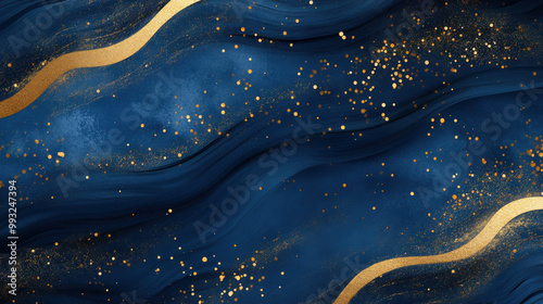 Obraz na płótnie Elegant and timeless navy blue background with soft gold accents, featuring flowing waves and sparkling golden dots, perfect for sophisticated designs w salonie