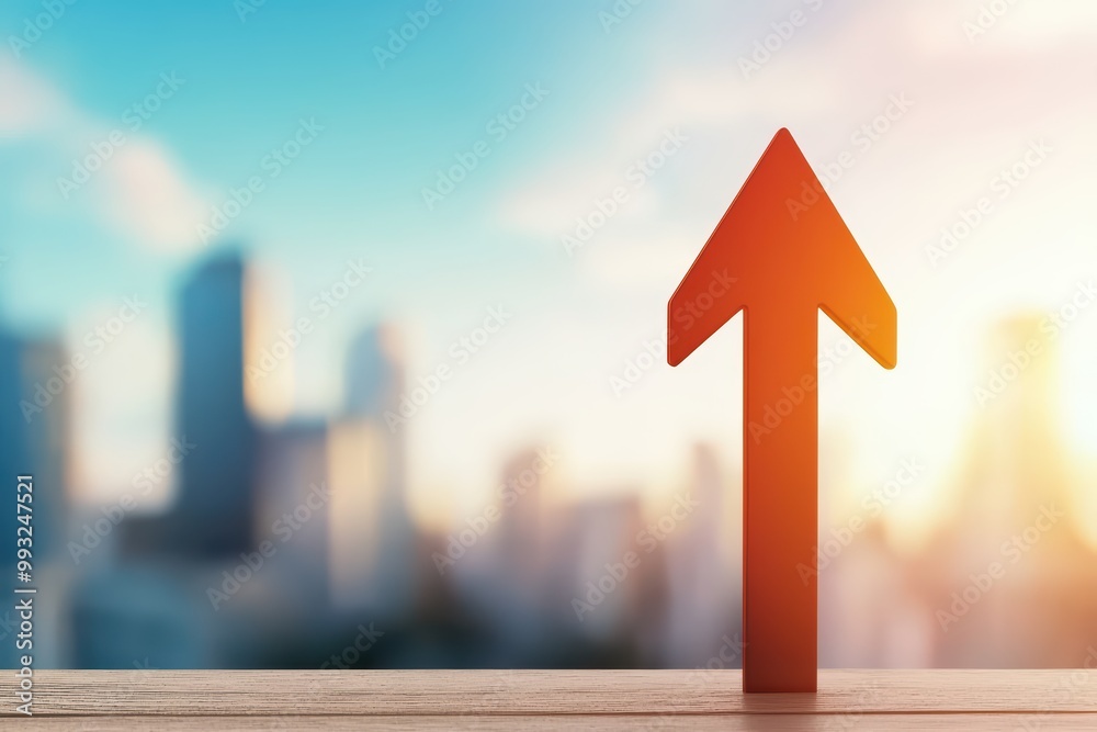 Fototapeta premium Red upward arrow symbolizing growth on a table with a blurred cityscape in the background.