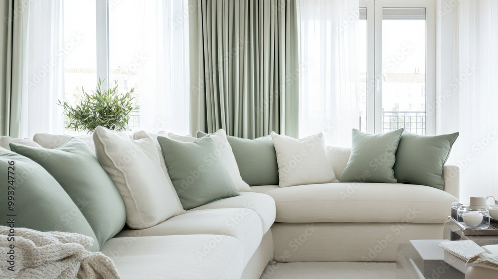 Soft and inviting pastel green and cream sectional sofa with plush cushions, perfect for cozy living space. natural light enhances serene atmosphere Soft and inviting pastel green and cream sectional sofa with plush cushions, perfect for cozy living space. natural light enhances serene atmosphere