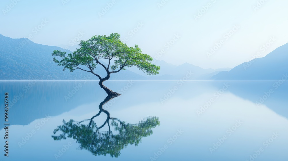 A lone, ancient tree stands reflected in a mirror like lake, its branches mirrored in the water like an endless reflection. A lone, ancient tree stands reflected in a mirror like lake, its branches mirrored in the water like an endless reflection.