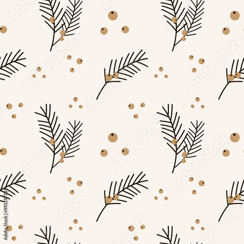 Christmas pattern with spruce or pine branches, juniper with berries, on beige background.