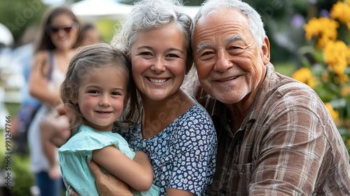 A joyful family gathering in a vibrant garden during a sunny afternoon, capturing smiles and laughter among generations