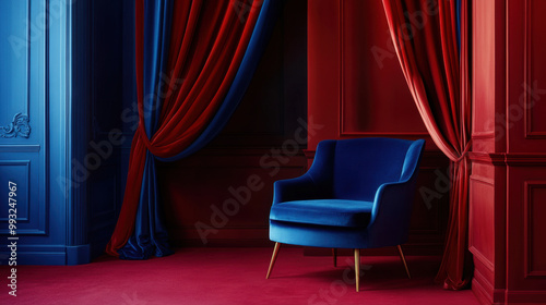 striking blue velvet chair stands elegantly against backdrop of rich crimson and deep blue curtains, creating bold and sophisticated atmosphere