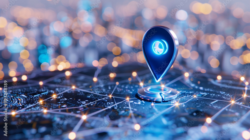 Location pin on digital map technology with glowing elements for navigation and connectivity Location pin on digital map technology with glowing elements for navigation and connectivity