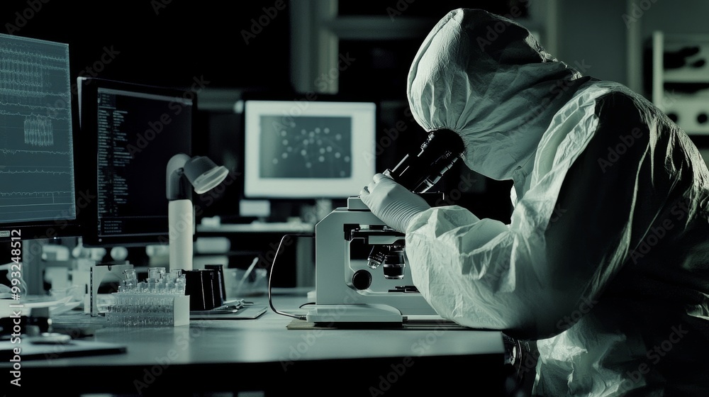 In the clean room of a research factory, an engineer or scientist wears a coverall and inspects samples using a microscope. They are developing high-tech modern technology for the medical and high In the clean room of a research factory, an engineer or scientist wears a coverall and inspects samples using a microscope. They are developing high-tech modern technology for the medical and high