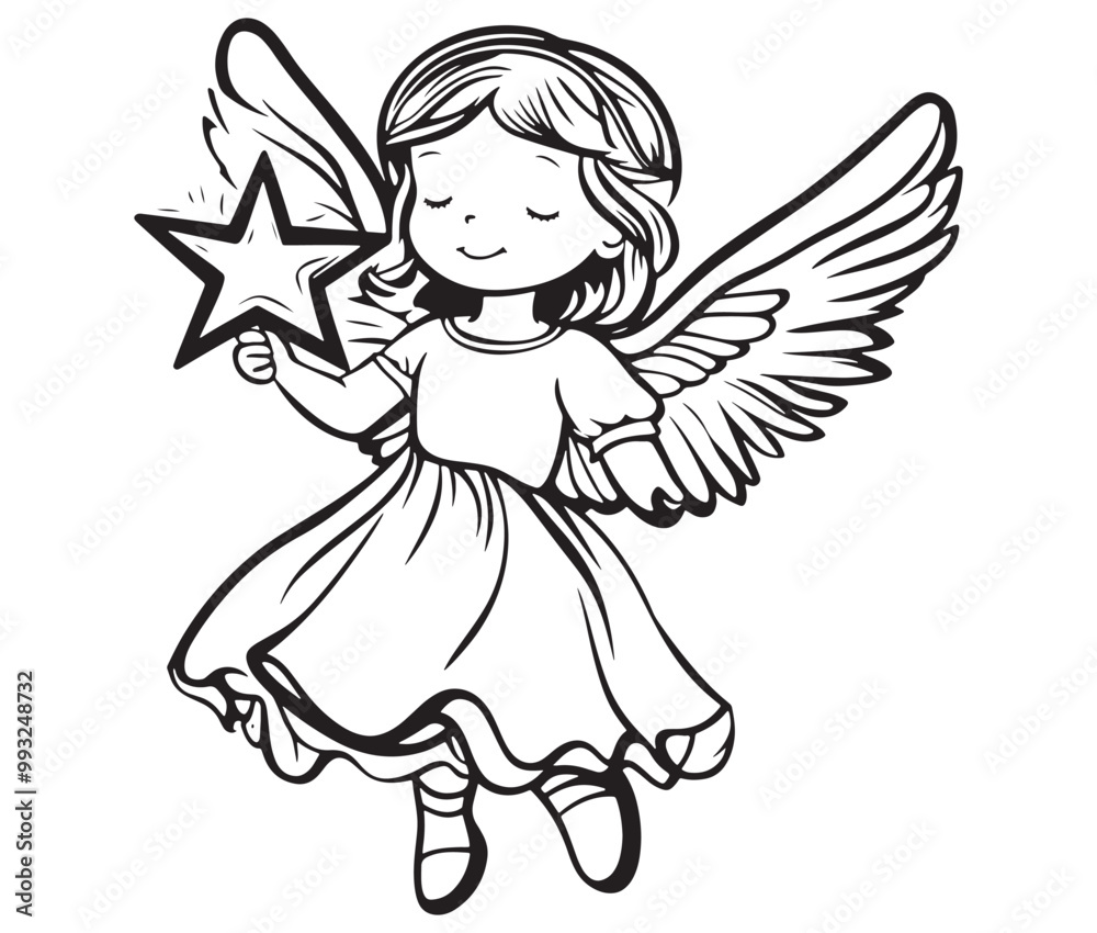 Angel with wings, Cute fairy, Angle wings line art vector