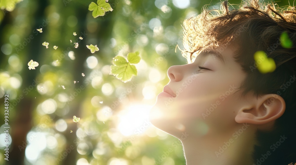 Fototapeta premium A person taking a deep breath, eyes closed, in a peaceful forest setting, with soft sunlight filtering through the trees.