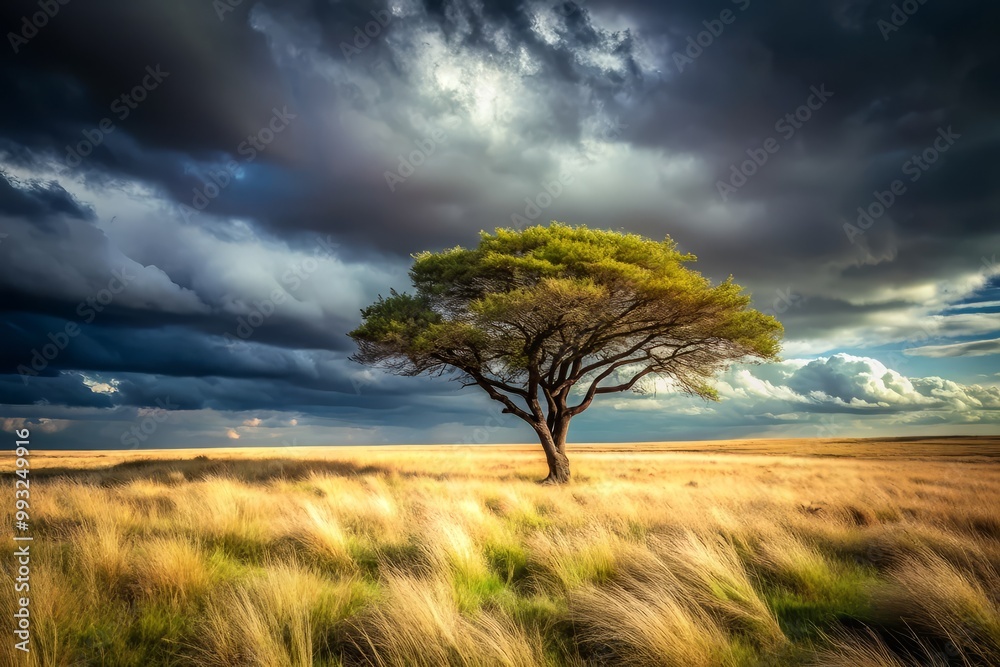 Fototapeta premium rustic windswept tree standing alone in vast windswept grasslands under moody grey overcast sky with subtle warm toning and depth