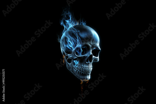 Ethereal blue flames engulf a ghostly skull against a pitch-black backdrop, creating an eerie and mystical atmosphere of supernatural power and mortality photo