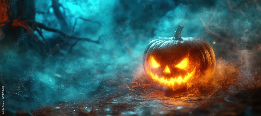 Halloween pumpkin in the background with a fuzzy Enchanted Forest Halloween pumpkin in the background with a fuzzy Enchanted Forest