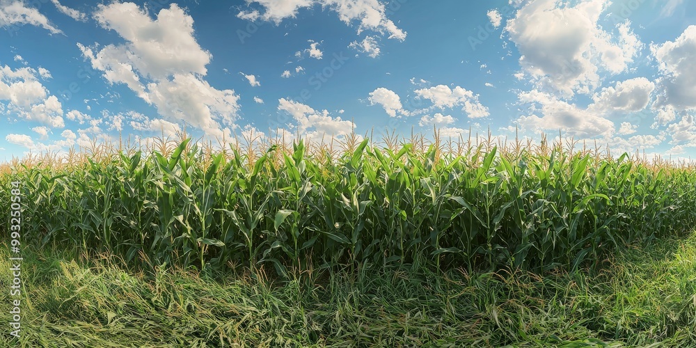 Obraz premium A panoramic shot of a cornfield with rows of tall, green corn stalks swaying in the wind under a blue sky
