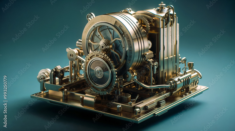 Intricate steampunk-inspired mechanical device with gears and wheels, showcasing complex engineering on teal background, futuristic yet vintage aesthetic